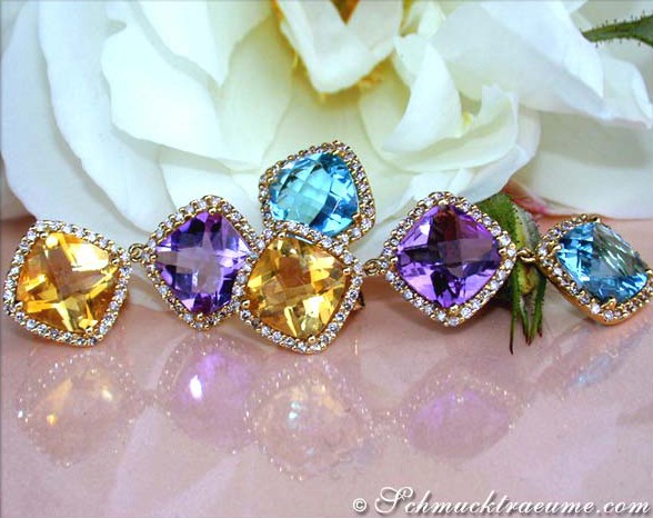 Feinste Multicolor Edelstein Ohrgehänge mit Diamanten #1 Feinste Multicolor Edelstein Ohrgehänge mit Diamanten #1