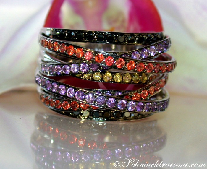 Mehrreihiger Ring mit schwarzen Diamanten, Amethysten & Saphiren #1 Mehrreihiger Ring mit schwarzen Diamanten, Amethysten & Saphiren #1